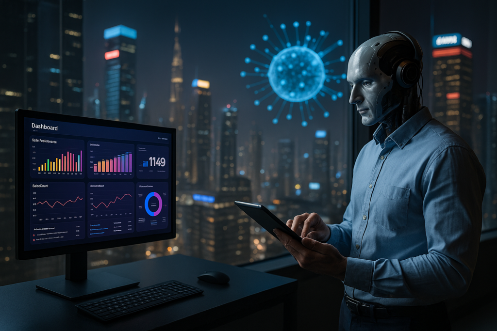 Futuristic robot reviewing AI analytics and business metrics