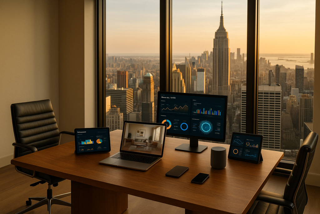 Modern office with AI-powered data dashboards and New York skyline