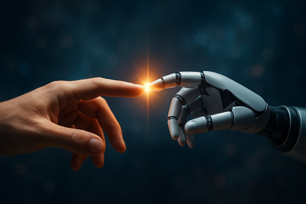 Human and AI robot hands touching with glowing connection