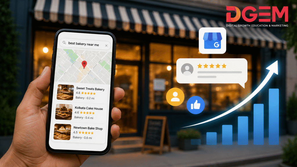 Local SEO and Google Business Profile (GMB) optimization blog cover image showing smartphone with Google Maps local search results, Google My Business marketing strategy, local business SEO growth, DGEM Academy digital marketing training, Google Maps ranking, customer reviews, AI search optimization, hyperlocal SEO for local businesses, Google local pack visibility, small business digital marketing, Google reviews management, local search engine optimization, online business growth, Google Business Profile setup, local keyword strategy, Google Maps marketing, SEO agency , business growth through Google, AI-powered local SEO, Newtown Kolkata digital marketing academy, small business branding and lead generation, Google listing optimization, customer engagement and local business promotion.