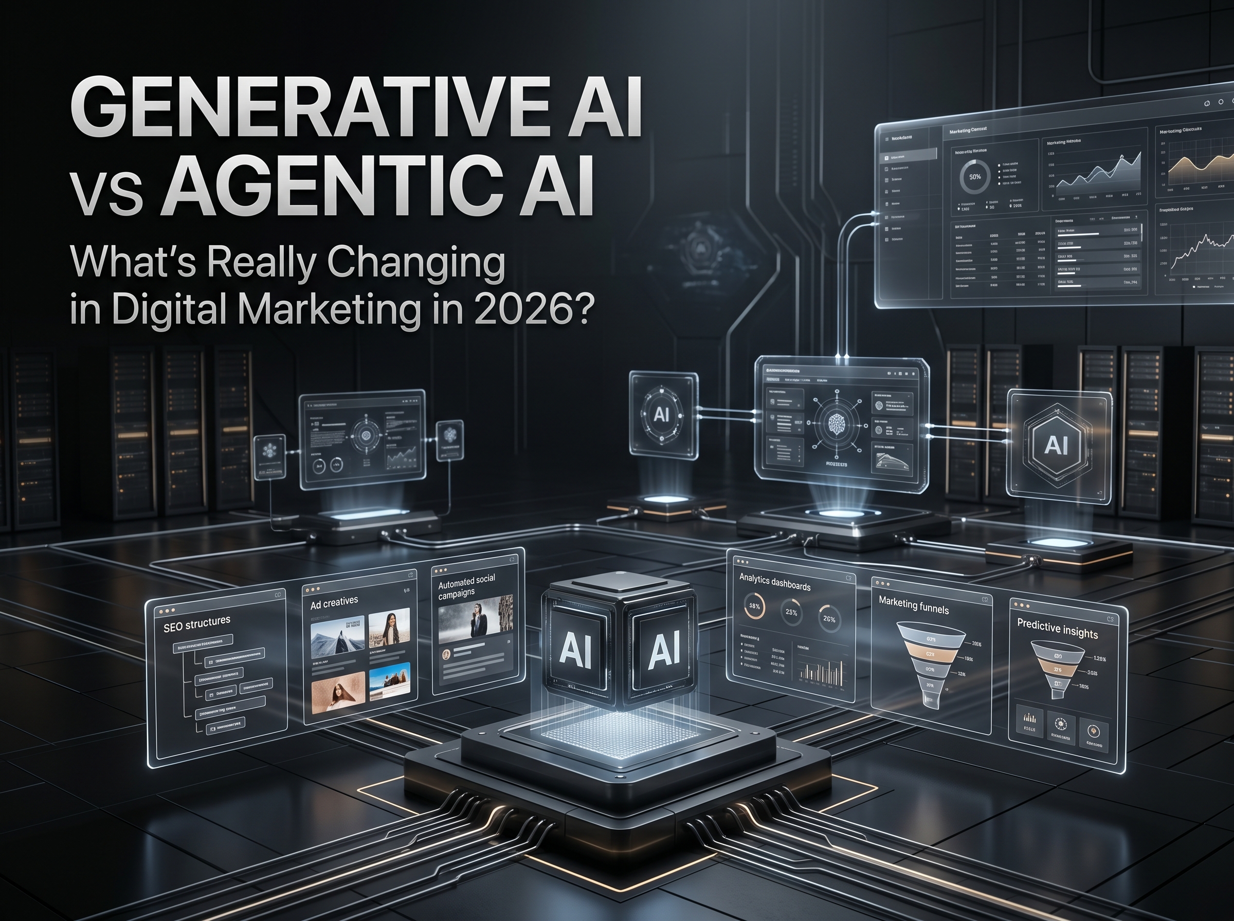 Generative AI vs Agentic AI in digital marketing explained — futuristic AI-powered marketing control ecosystem showing holographic interfaces with ad creatives, SEO structures, automated social campaigns, analytics dashboards, marketing funnels, and predictive insights operating autonomously in 2026
