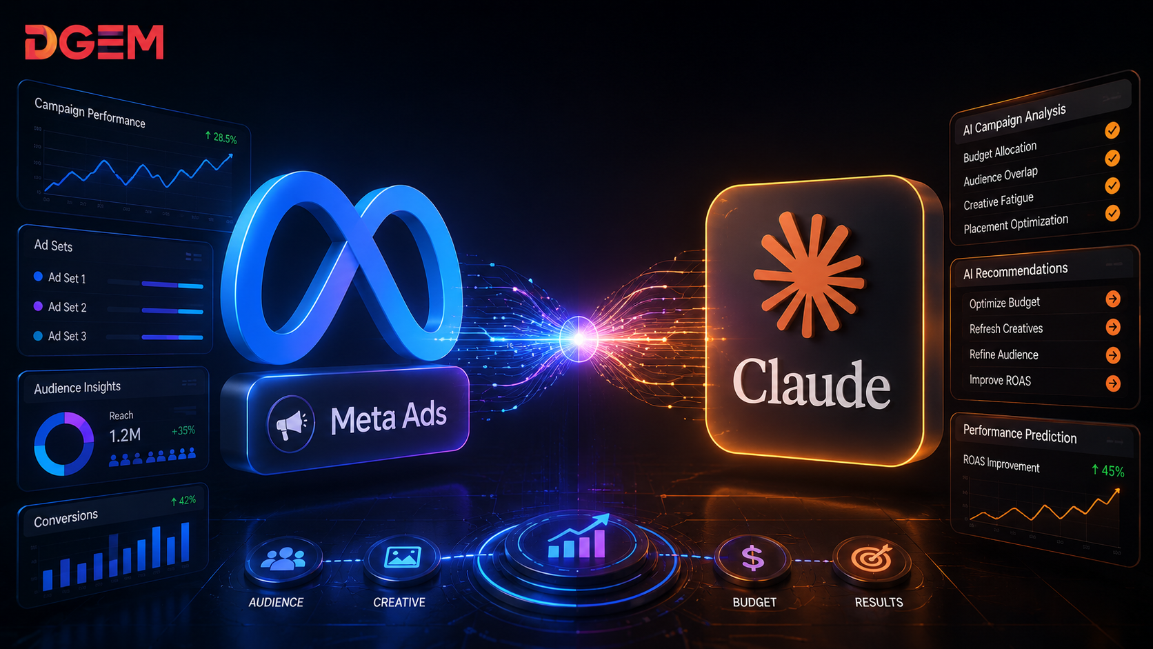 Claude AI optimizing Meta Ads campaigns with live analytics, audience targeting, and ROAS tracking for digital marketers and businesses in India.