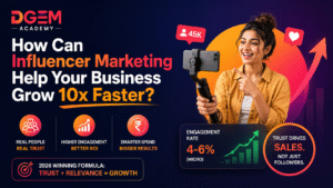 DGEM Academy digital marketing infographic explaining how influencer marketing helps businesses grow faster. Graphic features a social media influencer creating content on a smartphone gimbal, with engagement icons, follower growth indicators, higher ROI, brand trust, increased sales, and influencer marketing benefits. Highlights real people, real trust, smarter advertising spend, micro-influencer engagement rates of 4–6%, and the 2026 growth formula: trust plus relevance equals business growth.