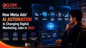 DGEM Academy blog banner on Meta Ads AI automation transforming digital marketing jobs in 2026, featuring AI-powered campaign creation, Meta advertising, performance marketing analytics, and future-ready digital marketing skills.