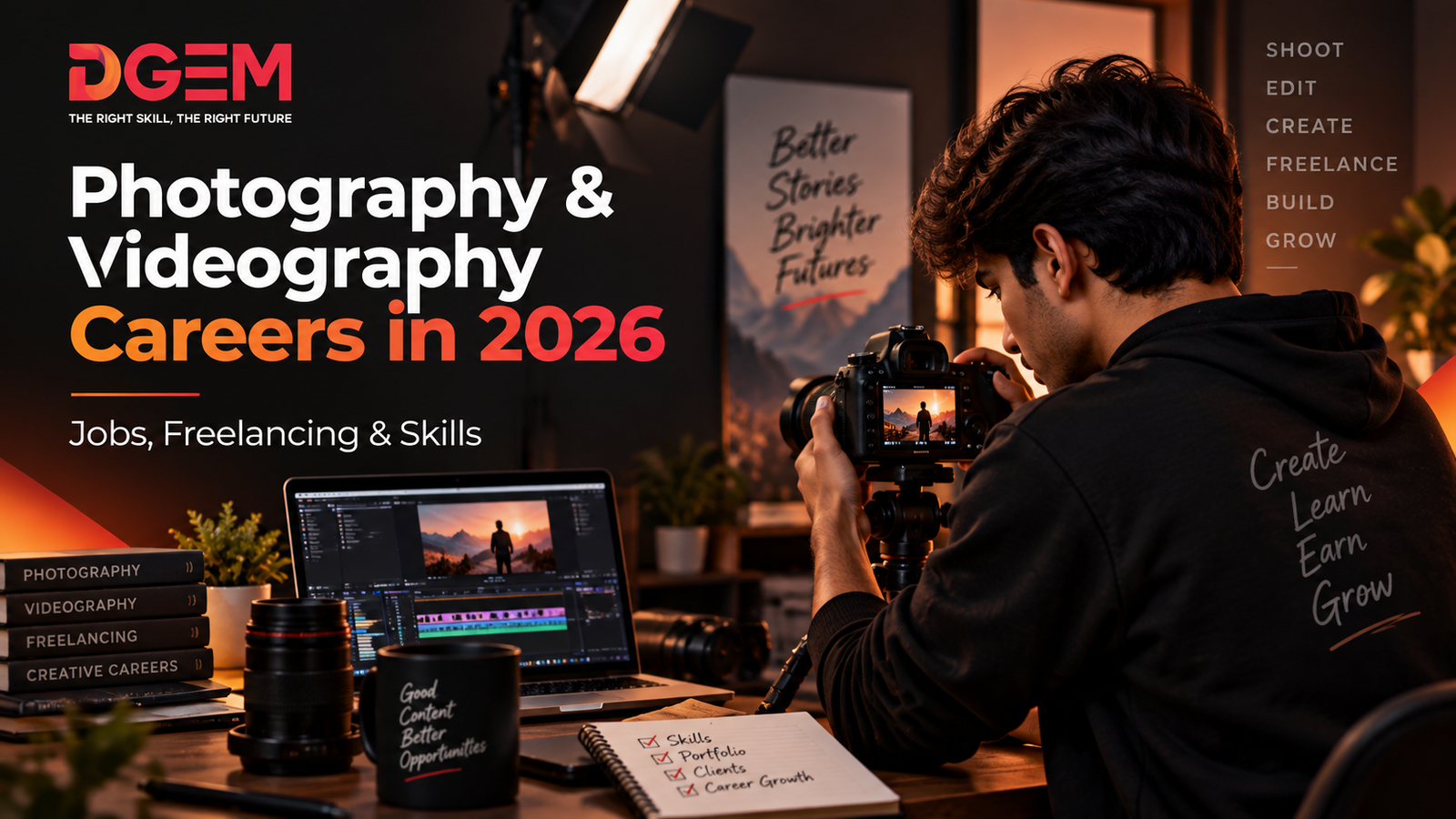 Photography and videography career opportunities in 2026, including jobs, freelancing, video editing and creative skills, featured by DGEM Academy’s Photography and Videography Course in Kolkata.